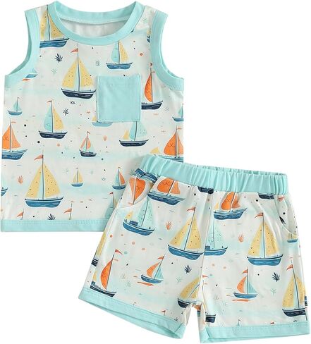 Toddler Baby Boy Summer Outfit Sleeveless Tank Tops + Casual Shorts Set 2 Piece Infant Beach Clothes in Kuwait