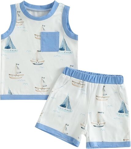 Toddler Baby Boy Summer Outfit Sleeveless Tank Tops + Casual Shorts Set 2 Piece Infant Beach Clothes in Saudi Arabia