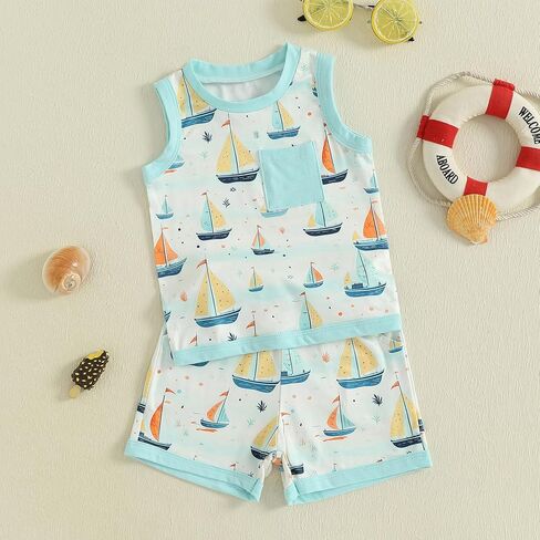Toddler Baby Boy Summer Outfit Sleeveless Tank Tops + Casual Shorts Set 2 Piece Infant Beach Clothes in Kuwait