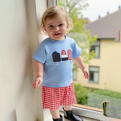 Toddler Baby Boy 4th of July Outfit Embroidery Short Sleeve T-Shirt Plaid Shorts Set 2Pcs Independence Day Clothes in Saudi Arabia