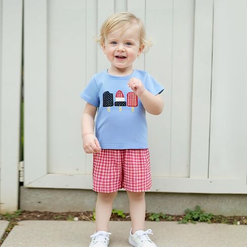 Toddler Baby Boy 4th of July Outfit Embroidery Short Sleeve T-Shirt Plaid Shorts Set 2Pcs Independence Day Clothes in Saudi Arabia