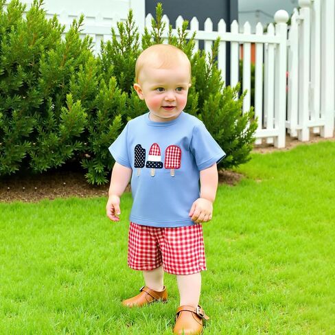 Toddler Baby Boy 4th of July Outfit Embroidery Short Sleeve T-Shirt Plaid Shorts Set 2Pcs Independence Day Clothes in Saudi Arabia