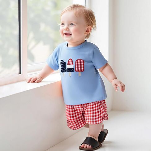 Toddler Baby Boy 4th of July Outfit Embroidery Short Sleeve T-Shirt Plaid Shorts Set 2Pcs Independence Day Clothes in Saudi Arabia