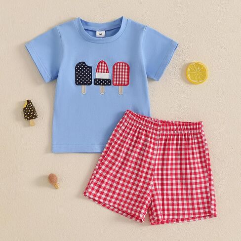 Toddler Baby Boy 4th of July Outfit Embroidery Short Sleeve T-Shirt Plaid Shorts Set 2Pcs Independence Day Clothes in Saudi Arabia