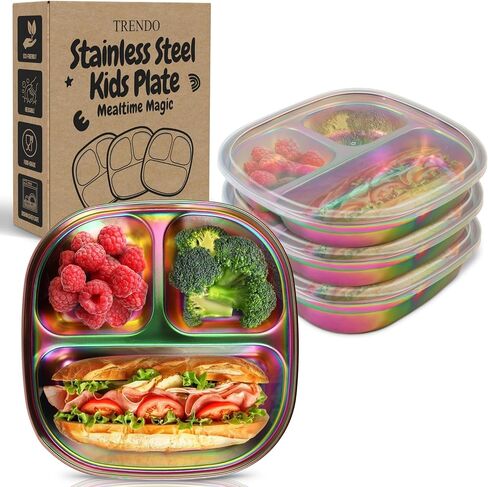 Stainless Steel Kids Plates with Lids - Durable Pack of 3 Metal Kids Plates - Easy to Clean, Non Toxic Stainless Steel Toddler Plate for Mealtime - Portion Control Toddlers Snack Dishes - Silver in Saudi Arabia