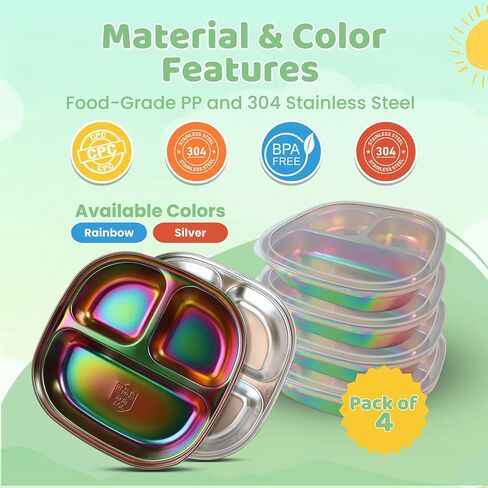 Stainless Steel Kids Plates with Lids - Durable Pack of 3 Metal Kids Plates - Easy to Clean, Non Toxic Stainless Steel Toddler Plate for Mealtime - Portion Control Toddlers Snack Dishes - Silver in Saudi Arabia