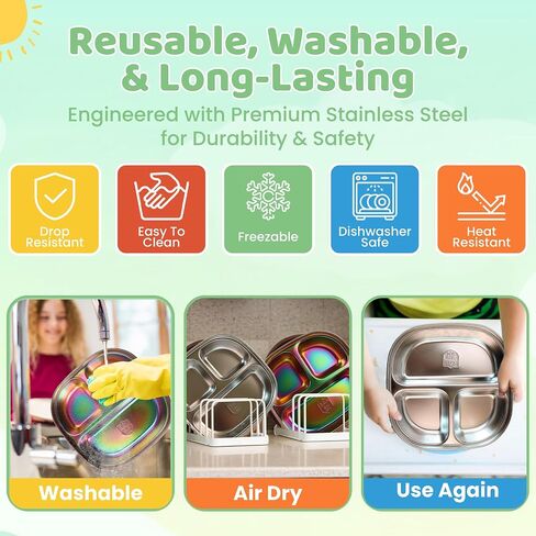 Stainless Steel Kids Plates with Lids - Durable Pack of 3 Metal Kids Plates - Easy to Clean, Non Toxic Stainless Steel Toddler Plate for Mealtime - Portion Control Toddlers Snack Dishes - Silver in Saudi Arabia