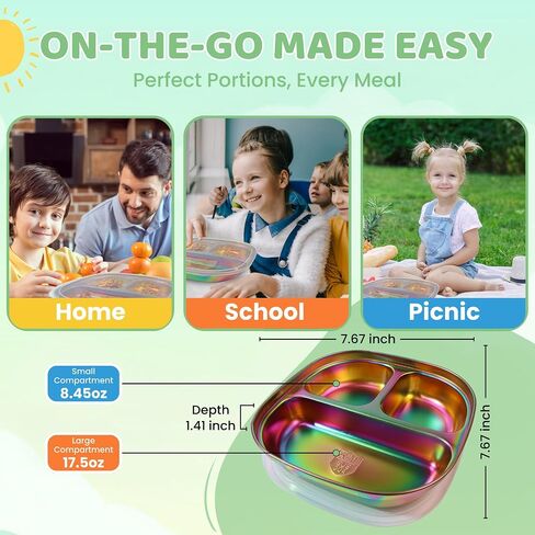 Stainless Steel Kids Plates with Lids - Durable Pack of 3 Metal Kids Plates - Easy to Clean, Non Toxic Stainless Steel Toddler Plate for Mealtime - Portion Control Toddlers Snack Dishes - Silver in Saudi Arabia