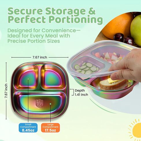 Stainless Steel Kids Plates with Lids - Durable Pack of 3 Metal Kids Plates - Easy to Clean, Non Toxic Stainless Steel Toddler Plate for Mealtime - Portion Control Toddlers Snack Dishes - Silver in Saudi Arabia