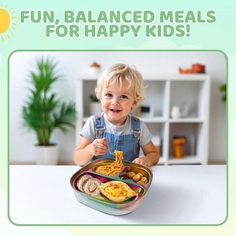 Stainless Steel Kids Plates with Lids - Durable Pack of 3 Metal Kids Plates - Easy to Clean, Non Toxic Stainless Steel Toddler Plate for Mealtime - Portion Control Toddlers Snack Dishes - Silver in Saudi Arabia