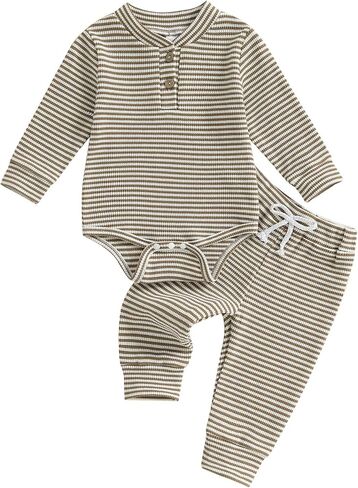 Newborn Baby Boy Girl Clothes Striped Waffle Knit Long Sleeve Romper Long Pants Set Infant 2Pcs Fall Winter Outfit in Saudi Arabia