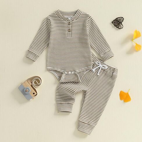 Newborn Baby Boy Girl Clothes Striped Waffle Knit Long Sleeve Romper Long Pants Set Infant 2Pcs Fall Winter Outfit in Saudi Arabia
