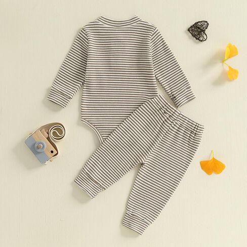 Newborn Baby Boy Girl Clothes Striped Waffle Knit Long Sleeve Romper Long Pants Set Infant 2Pcs Fall Winter Outfit in Saudi Arabia
