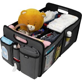 Baby Diaper Caddy Organizer - Large Baby Storage Basket with Zipper Pocket & 8 Mesh Pockets, Portable Nursery Organizer for Changing Table, Car & Travel - Oxford 600D Fabric, Grey