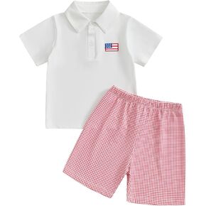 طفل طفل طفل الرابع 4 يوليو الزي العلم الأمريكي الأكمام قصيرة الأكمام أسفل القميص البولو شورت الرابع من يوليو in Kuwait