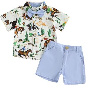 Karuedoo Western Toddler Baby Boy Clothes Riding Horse Button Down Short Sleeve Shirt Tops Shorts Set Summer Country Outfit