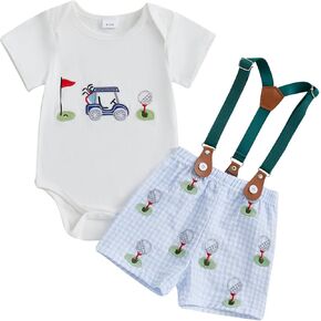 Suolongsama Newborn Baby Boy Summer Outfits Golf Embroidery Short Sleeve Romper Gentleman Suspender Shorts 2Pcs Golf Clothes