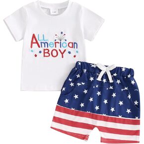 4th of July Baby Boy Outfit Letter Flag Embroidery T-Shirt Top and Shorts Set 2 Piece July Fourth Clothes Set