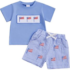 Kayotuas Fourth Of July Toddler Boy Outfit Baby American Flag Clothes Patriotic Shirt Striped Gingham Shorts 2Pcs Summer Sets
