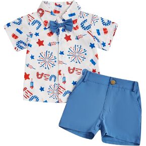 Toddler Boy First 4Th of July Outfits Bow Tie Short Sleeve Shirt+Pocket Shorts Summer Clothes for Baby Boys
