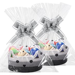 Zopeal 2 Pack Woven Basket with Gift Bags and Ribbons, Cat Rope Graduation Gift Basket Empty for Baby Shower Cat Toys Graduation Baskets Presents Package(Mix Gray)