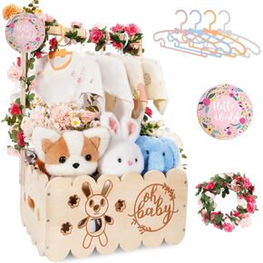 Wooden Baby Shower Crate Closet, Customizable Baby Shower Basket with Handle and Garland, New Born Baby Girl Rabbit Crate Box for Baby Shower, Pregnancy Gifts for New Mom Parents