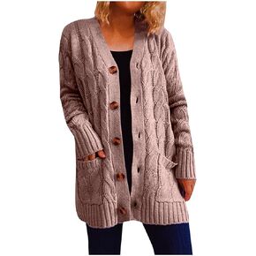 Women's 2024 Long Sleeve Cable Knit Button Cardigan Sweater Open Front Outwear Coat with Pockets Plain Fall Winter