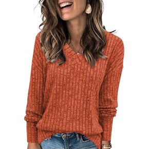 Womens Fall Sweaters Going Out Tops Long Sleeve V Neck Shirts Ribbed Knit Solid Color Tunic Sweatshirt Cute Blouses