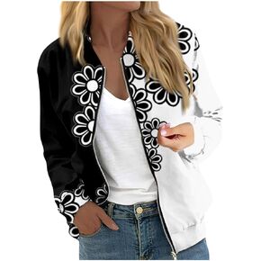 Jackets for Women Casual Floral Zip Up Bomber Jacket Long Sleeve Coat Stand Collar Lightweight Short Outwear Tops