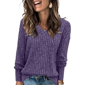 Women's Loose Pullover Sweaters 2024 Fall Winter Clothes V Neck Slouchy Long Sleeve Casual Knitted Versatile Tops