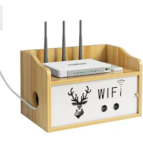 Wall Mounting Wireless WiFi Router Boxes, WiFi Router Organize Box Router Storage Shelf, Set-top Box Shelf, Creative White Decorative Floating Shelf, Power Cord Plug Storage Box(Wood Color)