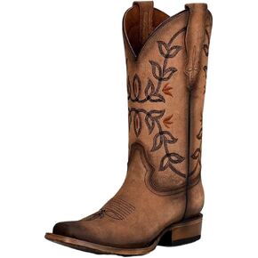 Circle G LADIE'S BROWN FLOWERED EMBROIDERY SQ. TOE, LEATHER SOLE, WESTERN L2032