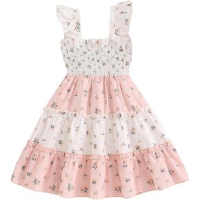 SOLY HUX Toddler Girl's Floral Print Dress Square Neck Cap Sleeve Shirred A Line Ruffle Hem Summer Midi Dresses