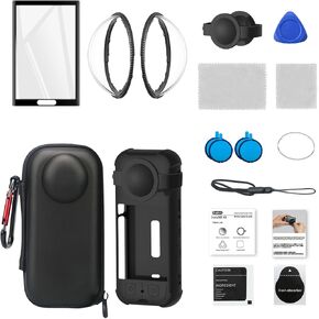 Camera Protective Kit Compatible with Insta360 X3 – Includes Silicone Cover, Tempered Glass Screen Protector, 2 Lens Guards, EVA Storage Case with Buckle, Lanyard & Dust Removal Kit