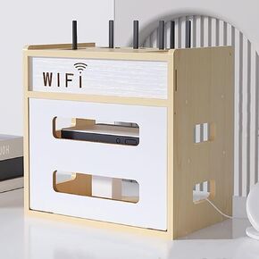 WiFi Router Storage Box, Wooden Router Shelf, Desktop WiFi Router Storage Box Modem Rack, Power Router Fences Standing Shelf Units, Router Cover Decorative Box for Office and Home(A)