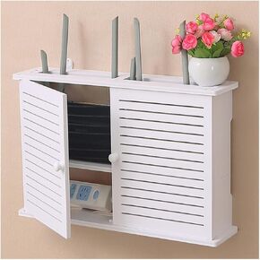Double Door Shutter WiFi Storage Box,White Floating Shelves, Shutter WiFi Storage Box, Router Modem Wall Mount, Wall Mount WiFi Router Storage Box