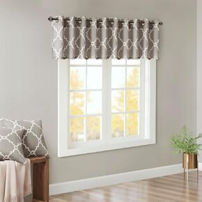 Fretwork Print Grommet Top Window Valance, Soft Beige Pattern on Grey Background, 50x18 Inches