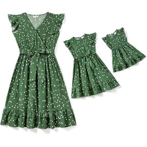 PATPAT Matching Mommy and Me Dresses Outfits Ruffle Flutter Sleeve Polka Dot Pattern Vacation Dresses