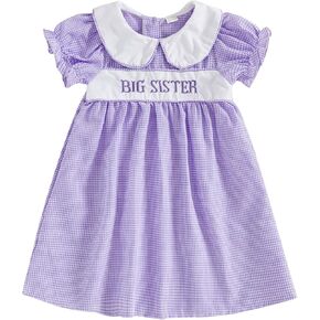 Toddler Girl Dress Flutter Ruffle Sleeve Big Sister Embroidery Smocked Dress with Bows Kids Summer Boho Swing Sundress