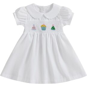 Toddler Baby Girl Dresses Birthday Outfit Cake Embroidery Puff Sleeve Smocked A-Line Princess Party Dress
