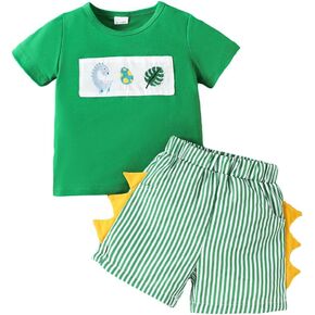 Toddler Baby Boy Clothes Dinosaur Embroidered Print Short Sleeve T-Shirt Elastic Striped Shorts Set 2 Piece Summer Outfits