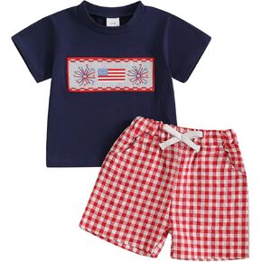 4th of July Toddler Baby Boy Girl Clothes American Flag Embroidery Short Sleeve T Shirt Plaid Shorts Set Clothes