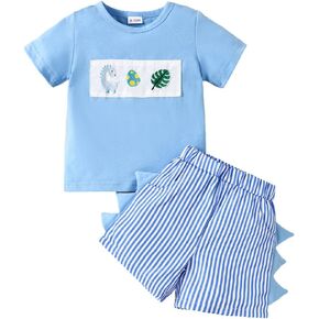 Toddler Baby Boy Clothes Dinosaur Embroidered Print Short Sleeve T-Shirt Elastic Striped Shorts Set 2 Piece Summer Outfits in Kuwait