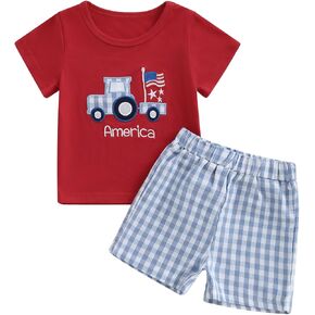 Toddler Baby Boy 4th of July Outfit Embroidery Short Sleeve T-shirt with Shorts Set Independence Clothes