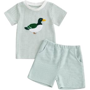 Toddler Boy Summer Outfits Mallard Duck Short Sleeve Top And Shorts 2 Piece Smocked Outfit Baby Clothes