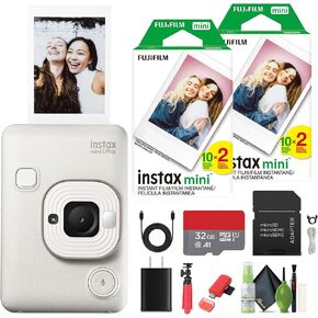 Fujifilm INSTAX Mini LiPlay Hybrid Instant Camera Bundle with 2X Fuji Instax Mini Instant Film 40 Sheets, 32GB Micro SD Card + Cleaning Kit + Flexible Tripod + More Accessories (Misty White)