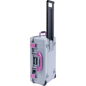 Silver Pelican 1535 Air case with Magenta Handles & latches. Comes Empty & with Wheels.