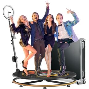 360 Photo Booth with Flight Case, Photo Booth Machine for Parties w/LED Ring Light & RGB Strip Light, APP Remote Control Auto Rotation Camera Booth Free Custom Logo for 3-5 People(32’’ -CD)