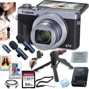 Canon PowerShot G7 X Mark III (Silver) Digital Camera + 64GB Memory, Wireless Lavalier Microphones, Stabilizing Grip, Software, and More (Content Creator Bundle) (Renewed)