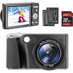 4K Digital Camera,Autofocus 48MP Vlogging Camera for Photography YouTube Compact Camera with Flash,18X Digital Zoom, Anti Shake, Macro Photography, 32G SD Card and 2 Batteries